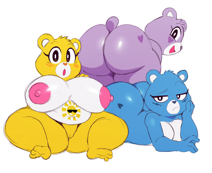 2018 3_fingers 3_toes anthro ass bear big_breasts big_butt breasts care_bears eyewear female frown funshine_bear group grumpy_bear half-closed_eyes heart hi_res mammal nipples presenting presenting_hindquarters pussy share_bear shortstack simple_background smile sssonic2 sun sunglasses surprise toes white_background