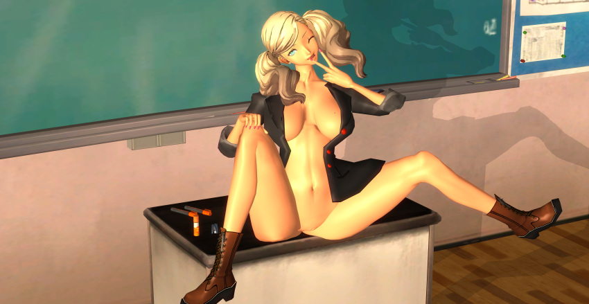 3d ann_takamaki gyaru jacket large_breasts nilbog3d persona persona_5 pose sitting v_sign xnalara