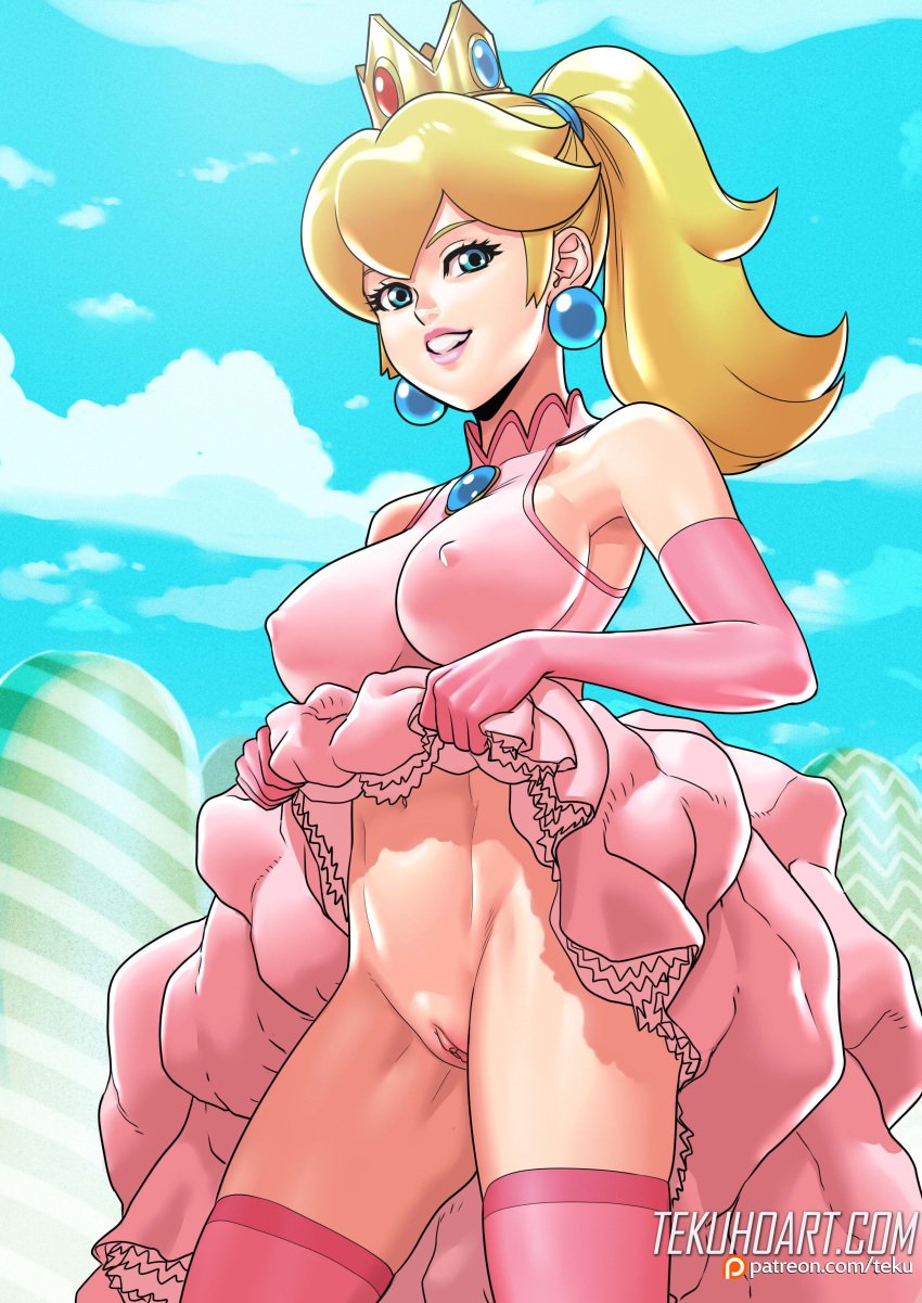 1girls abs bare_shoulders blonde_hair blue_eyes bottomless breasts clothing crown dress dress_lift earrings elbow_gloves exposed_pussy female female_only gloves human large_breasts lifted_by_self looking_at_viewer mario_(series) nintendo nipple_bulge no_bra no_panties outdoors pink_dress pink_gloves ponytail princess_peach pussy sleeveless sleeveless_dress smile solo standing super_mario_bros. tekuho text thighhighs tied_hair tight_clothing url watermark