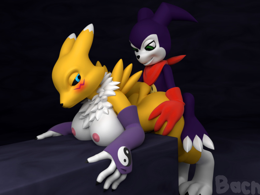 2018 3d ambiguous_penetration anthro bacn bent_over big_breasts black_sclera blue_eyes blush breasts chest_tuft claws clothed clothing digimon duo female fur impmon looking_back male male_penetrating mammal nipples nude penetration renamon renamon_(bacn) sex smile straight topless tuft white_fur