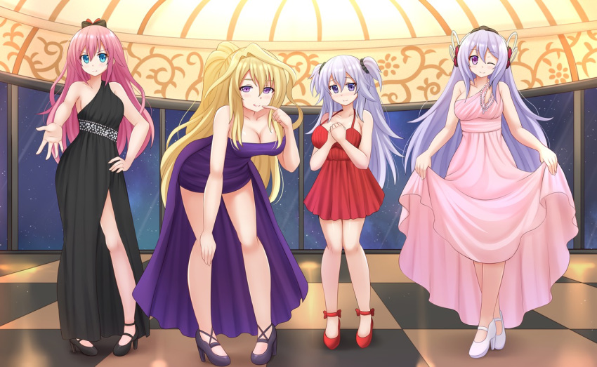 4girls accessories age_difference bare_shoulders black_dress black_footwear blonde_hair blue_eyes blush breasts checkered claudia_enfield clavicle cross dress female females_only gakusen_toshi_asterisk hair_ornament hair_scrunchie hand_on_hip hand_on_own_chest julis-alexia_von_riessfeld kazenokaze legs long_hair looking_at_viewer multiple_girls one_eye_closed pink_hair pointing ponytail purple_dress purple_hair red_dress ribbon shoes size_difference skirt_hold smile sylvia_lyyneheym toudou_kirin twintails violet_eyes