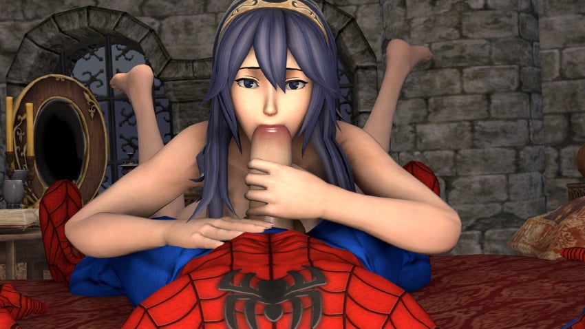 3d blue_hair cowman crossover eastern_and_western_character fellatio female fire_emblem fire_emblem_awakening lucina_(fire_emblem) male marvel pov spider-man spider-man_(series) straight_hair