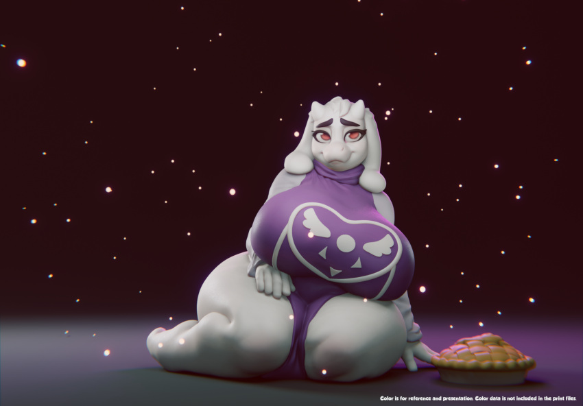 3d_(artwork) anthro big_breasts boss_monster bovid breasts caprine chunkerbuns clothed clothing digital_media_(artwork) english_text female fur goat hi_res horn huge_breasts huge_thighs kneeling looking_aside mammal mature_anthro mature_female red_eyes simple_background smile solo text thick_thighs toriel undertale undertale_(series) video_games white_body white_fur