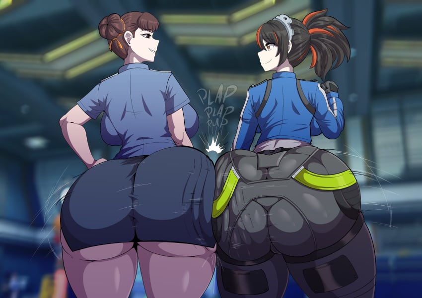 2d 2girls ass ass_comparison ass_to_ass back_view backboob black_hair breasts brown_hair capcom chun-li clothed clothed_female crossover eye_contact female female_only huge_ass light-skinned_female light_skin mihoyo naver naverart policewoman street_fighter tagme thick_thighs thighs zenless_zone_zero zhu_yuan