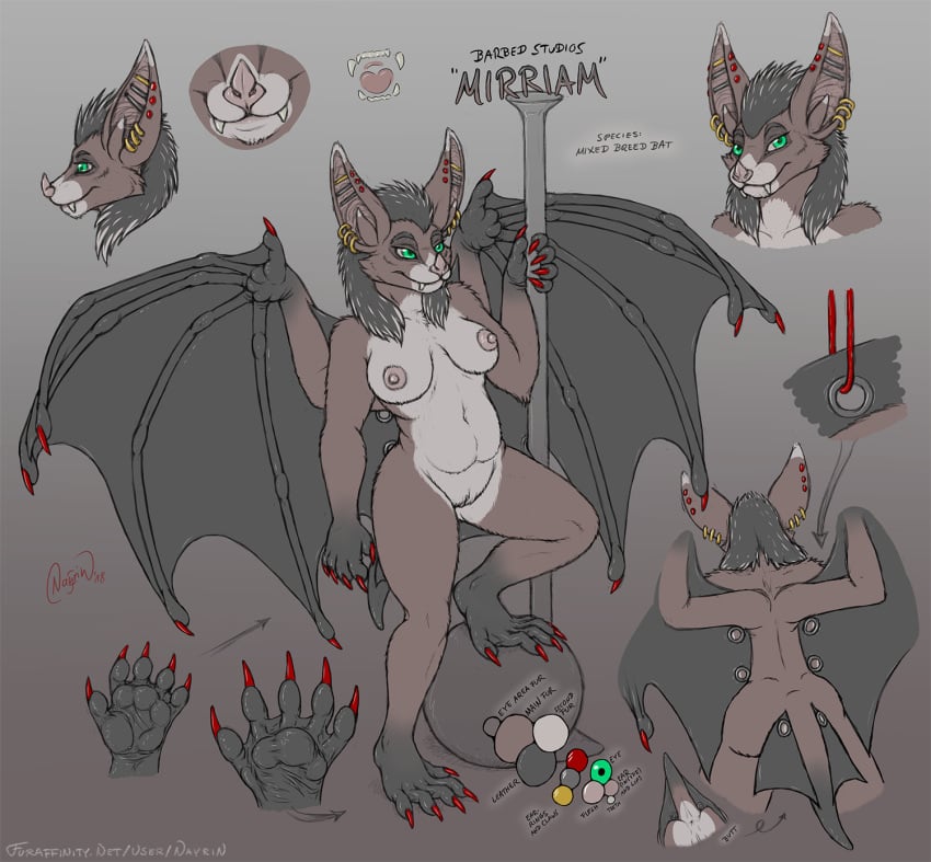 anthro barbed_girls barbedstudios bat breasts brown_fur charsheet claws female fur furry green_eyes mammal mirriam nayrin nipples piercing solo wings