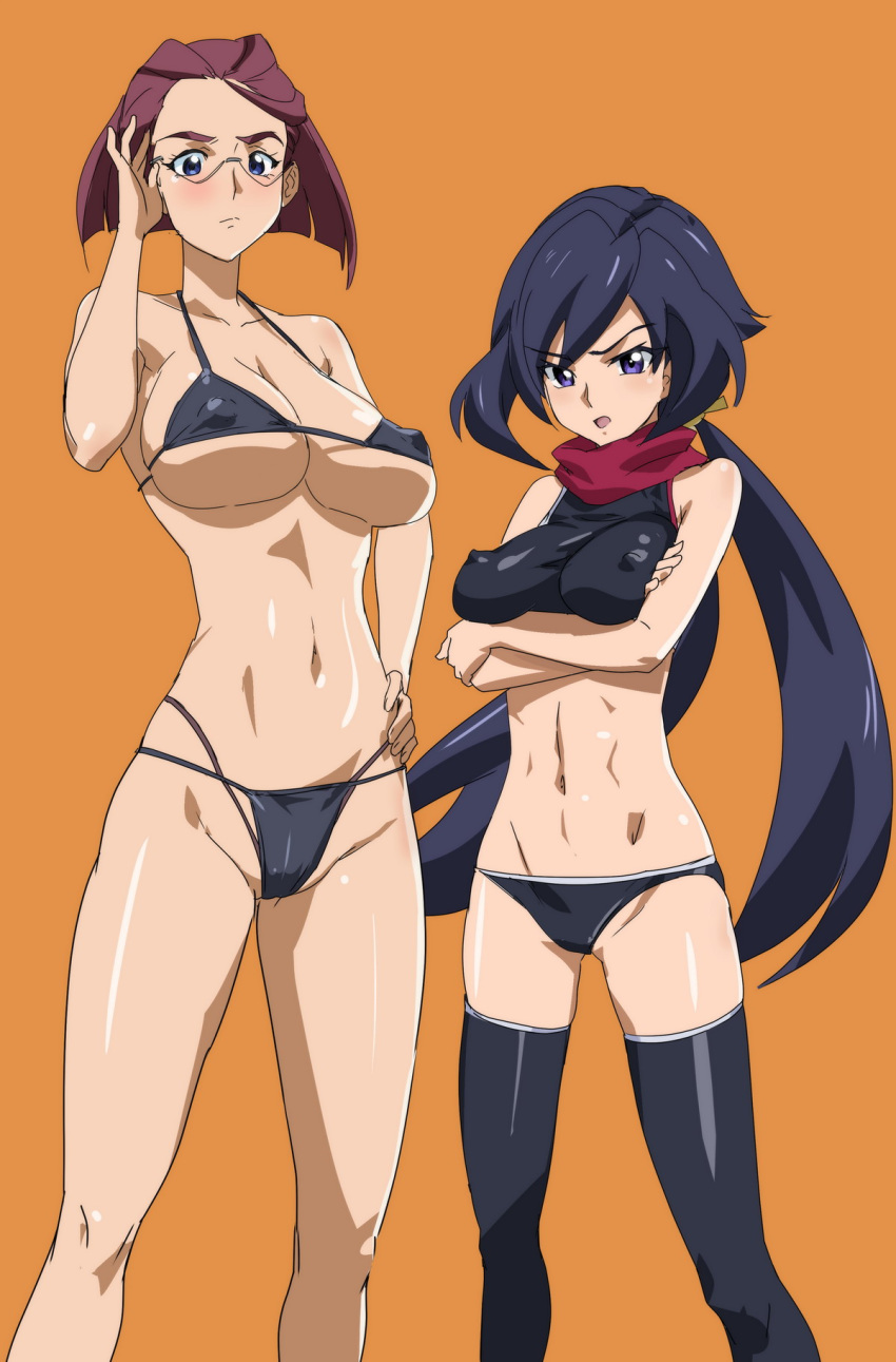 2girls ayame_(gundam_build_divers) bra breasts crop_top emilia_(gundam_build_divers) erect_nipples female fujisawa_aya gundam gundam_build_divers kunoichi multiple_girls nipple_bulge orange_background panties purple_eyes thighhighs underboob