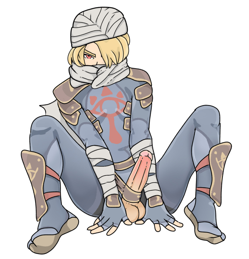 1boy bandages big_penis blonde_hair covered_mouth erection headwear hidden_mouth male male_only mask ninja nintendo ocarina_of_time penis plaguetyranno red_eyes scarf scarf_over_mouth sheik sheikah sheikah_clothes skin_tight super_smash_bros. testicles the_legend_of_zelda transparent_background