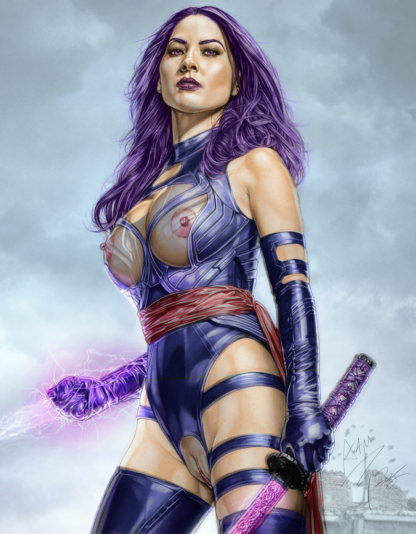 1girls actress areolae armando_huerta betsy_braddock breasts celebrity color colored elizabeth_braddock female female_only homo_superior katana kwannon large_breasts leather marvel marvel_comics mutant olivia_munn psylocke purple_eyes purple_hair pussy pussy_peek see-through solo straight_hair superheroine sword tight_clothing uncensored x-men x-men:_apocalypse