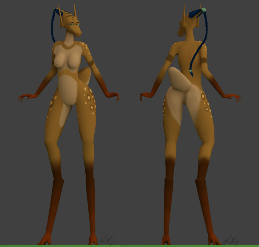 3d alien anthro ass blender braided_hair breasts cervine female furry green_eyes hair jujehyu komissar_bav looking_at_viewer mammal nude pussy solo spacebender