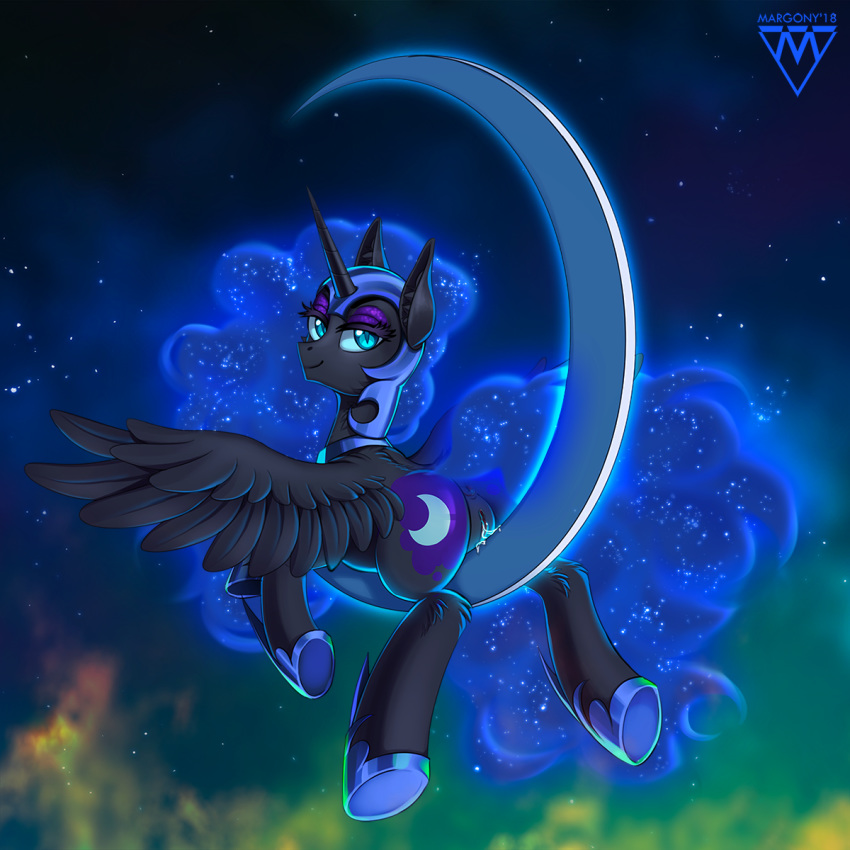 2018 alicorn anus armor ass bedroom_eyes black_feathers cosmic_hair crescent_moon cutie_mark dark_persona equine eyelashes eyeshadow feathered_wings feathers female feral friendship_is_magic fur hair half-closed_eyes helmet hi_res hooves horn inner_ear_fluff long_hair looking_at_viewer looking_back lying makeup mammal margony mascara moon my_little_pony night nightmare_moon_(mlp) nude on_front portrait presenting presenting_hindquarters presenting_pussy princess_luna_(mlp) pussy pussy_juice rear_view seductive sky slit_pupils smile solo spread_wings star starry_sky teal_eyes wings