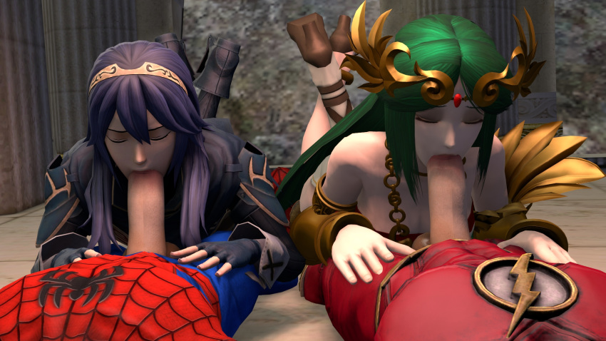 2boys 2girls 3d blue_hair cowman crossover dc dc_comics eastern_and_western_character fellatio fire_emblem fire_emblem_awakening kid_icarus lucina_(fire_emblem) marvel oral palutena penis spider-man spider-man_(series) straight_hair the_flash