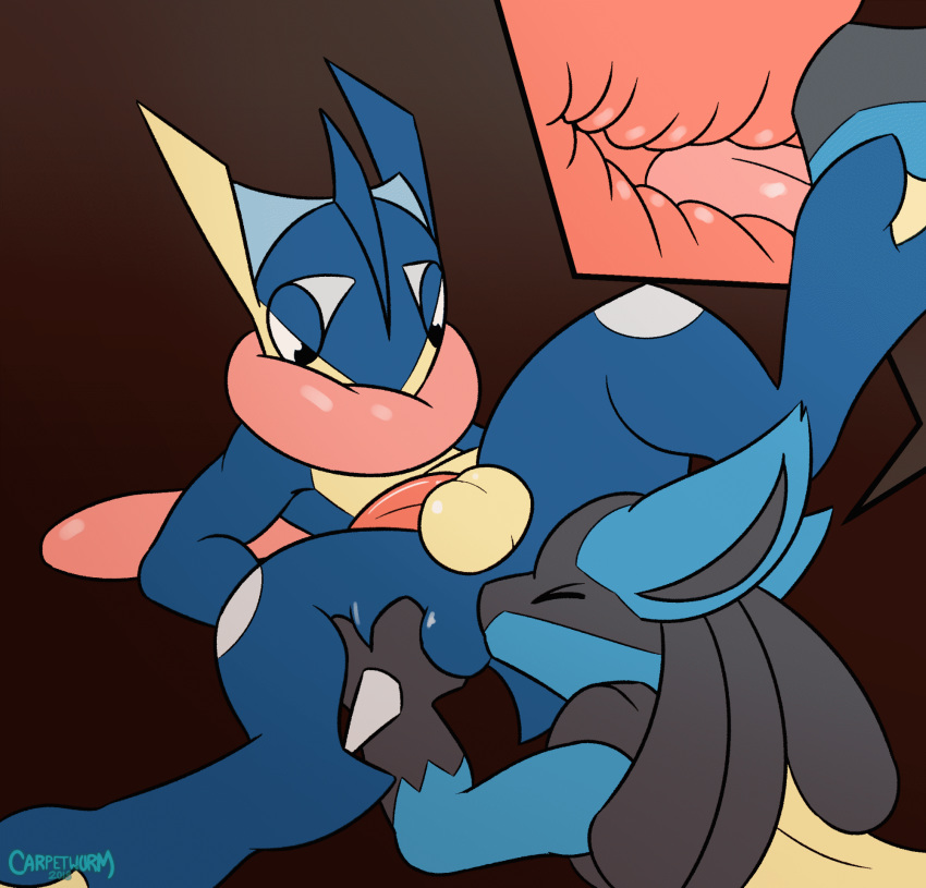 >_< 1boy 2018 2_toes 3_fingers ambiguous_gender amphibian anal anilingus animated anthro ass ass_grab big_feet black_eyes black_fur blue_fur blue_skin brown_background canine carpetwurm closed_eyes deep_rimming duo erection feet frog furry greninja half-closed_eyes hand_on_ass hi_res holding internal interspecies licking long_tongue looking_down lucario lying male male_focus male_penetrated nintendo no_nipples nude on_back oral penis pokemon pokemon_(species) pokemon_dppt pokemon_xy rimjob rimming signature soles spikes spread_legs spreading tapering_penis testicles text toes tongue tongue_out video_games voltygay_favorite watermark webbed_feet x-ray yellow_fur yellow_skin