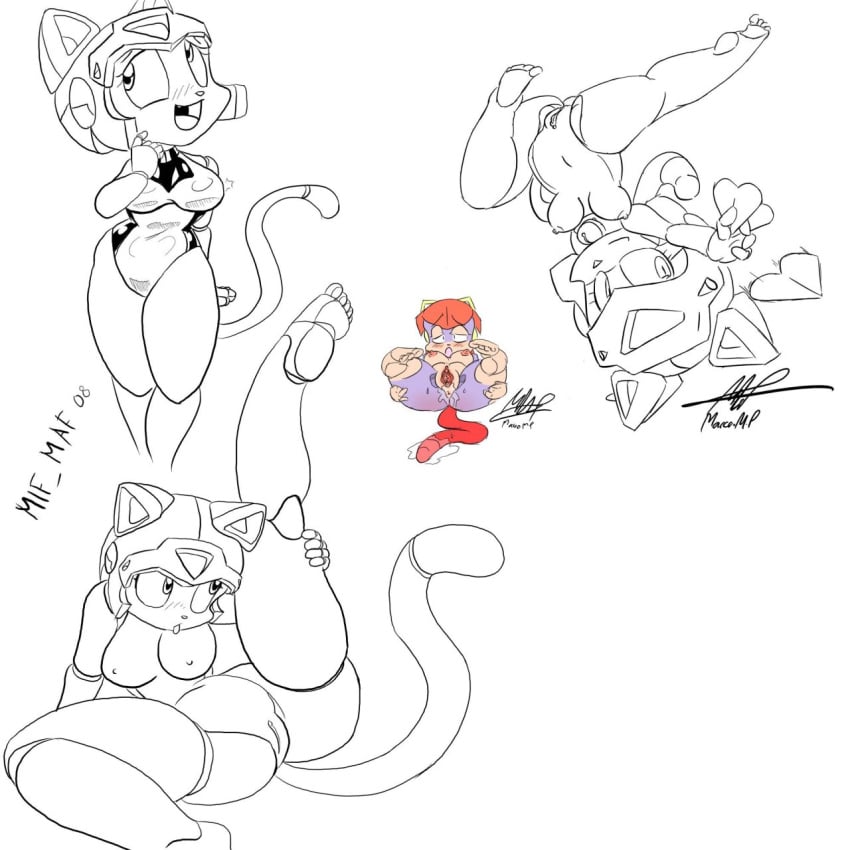 1girls 2008 anthro breasts domestic_cat feline female fur furry helmet kemono mammal mifmaf monochrome multiple_views nipples nude pink_fur pizzacat polly_esther samurai_pizza_cats spread_legs tagme tail