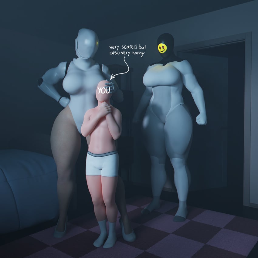 2girls android bed bedroom boxers emoji faceless_female faceless_male hand_on_head haydee haydee_(game) height_difference high_heels horror imminent_sex large_breasts larger_female leotard muscular_female night robot robot_girl sandreiio scaroused scary size_difference smaller_male socks tesla tesla_bot text thick_thighs threesome wide_hips