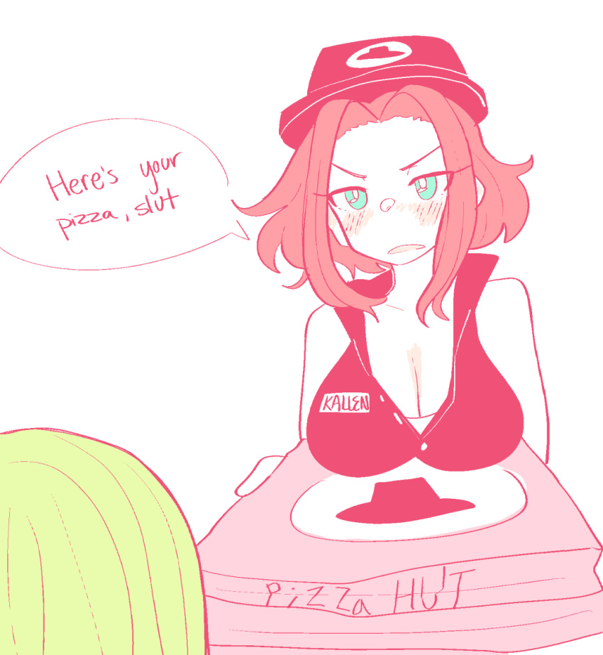 big_breasts cleavage code_geass dialogue english english_text female female_focus female_only fully_clothed henemimi kallen_stadtfeld light_skin pizza red_hair white_background