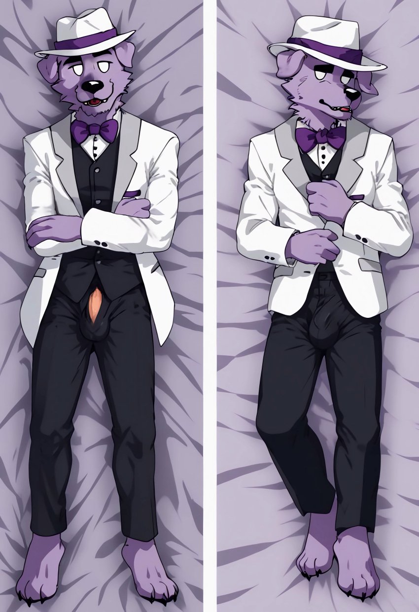 ai_generated bodypillow bulge full_body fully_clothed furry male male_only on_back on_pillow penis_peek tuxedo uhyeah