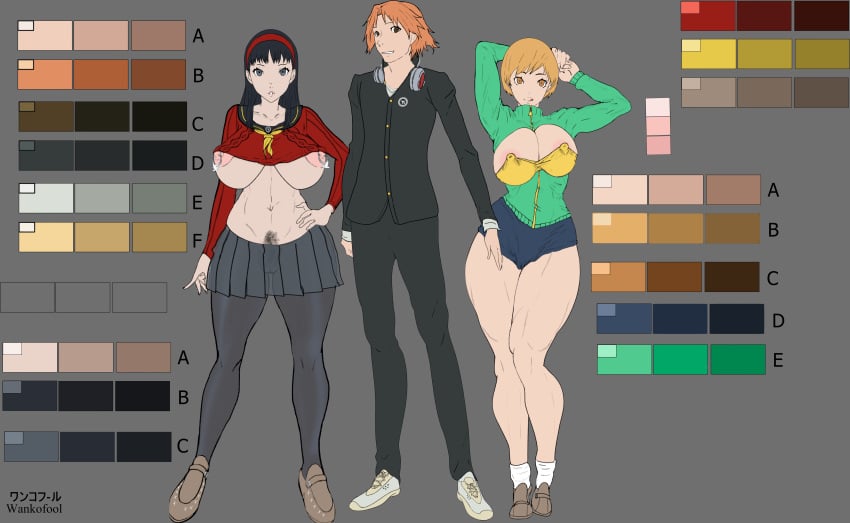 1boy 2girls amagi_yukiko atlus big_breasts black_hair character_sheet hanamura_yousuke huge_ass impossible_clothes impossible_shirt muscular muscular_female no_bra no_panties persona persona_4 satonaka_chie sexy_pose sketch wankofool wide_hips