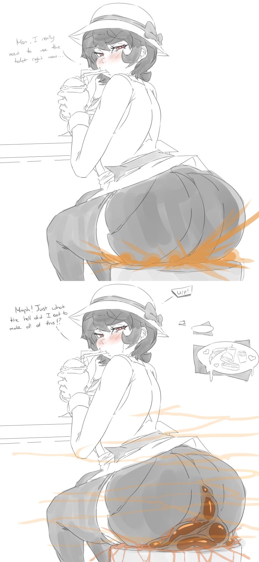 ass clothed_bowel_movement comic dialogue fart fat_ass female female_focus female_only filia_(skullgirls) lazei messing monochrome scat shitting shitting_self sketch skullgirls soiling soiling_bottomwear soiling_clothing soiling_shorts tagme text thick_ass thick_thighs