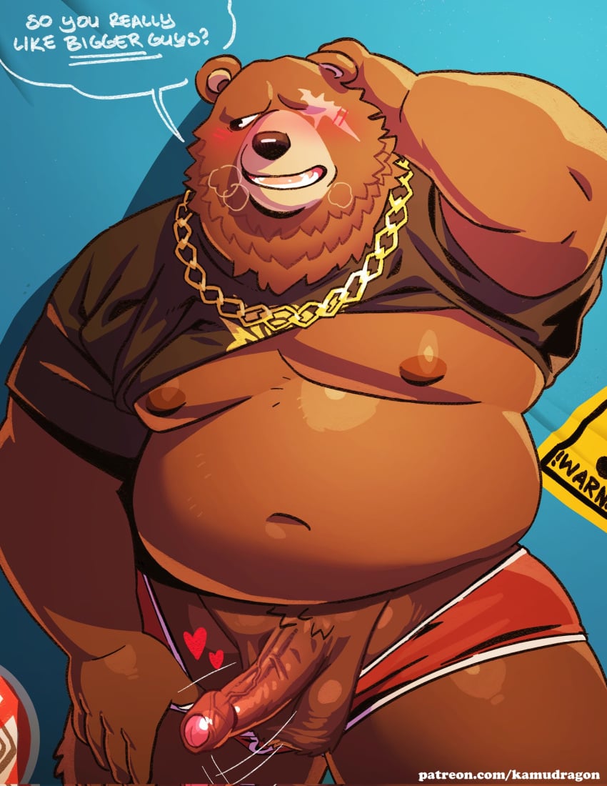 2024 anthro bear belly ben_bigger black_clothing black_shirt black_t-shirt black_topwear blue_background blush bottomwear bottomwear_down boxer_briefs breath brown_body brown_fur chain_necklace clothed clothing english_text erection eye_scar facial_scar fur genitals heart_symbol hi_res humanoid_genitalia humanoid_penis jewelry kamudragon male mammal mihoyo moobs navel necklace overweight overweight_male pants pants_down partially_clothed penis presenting presenting_penis scar shirt shy simple_background solo speech_bubble t-shirt talking_to_viewer text topwear underwear zenless_zone_zero