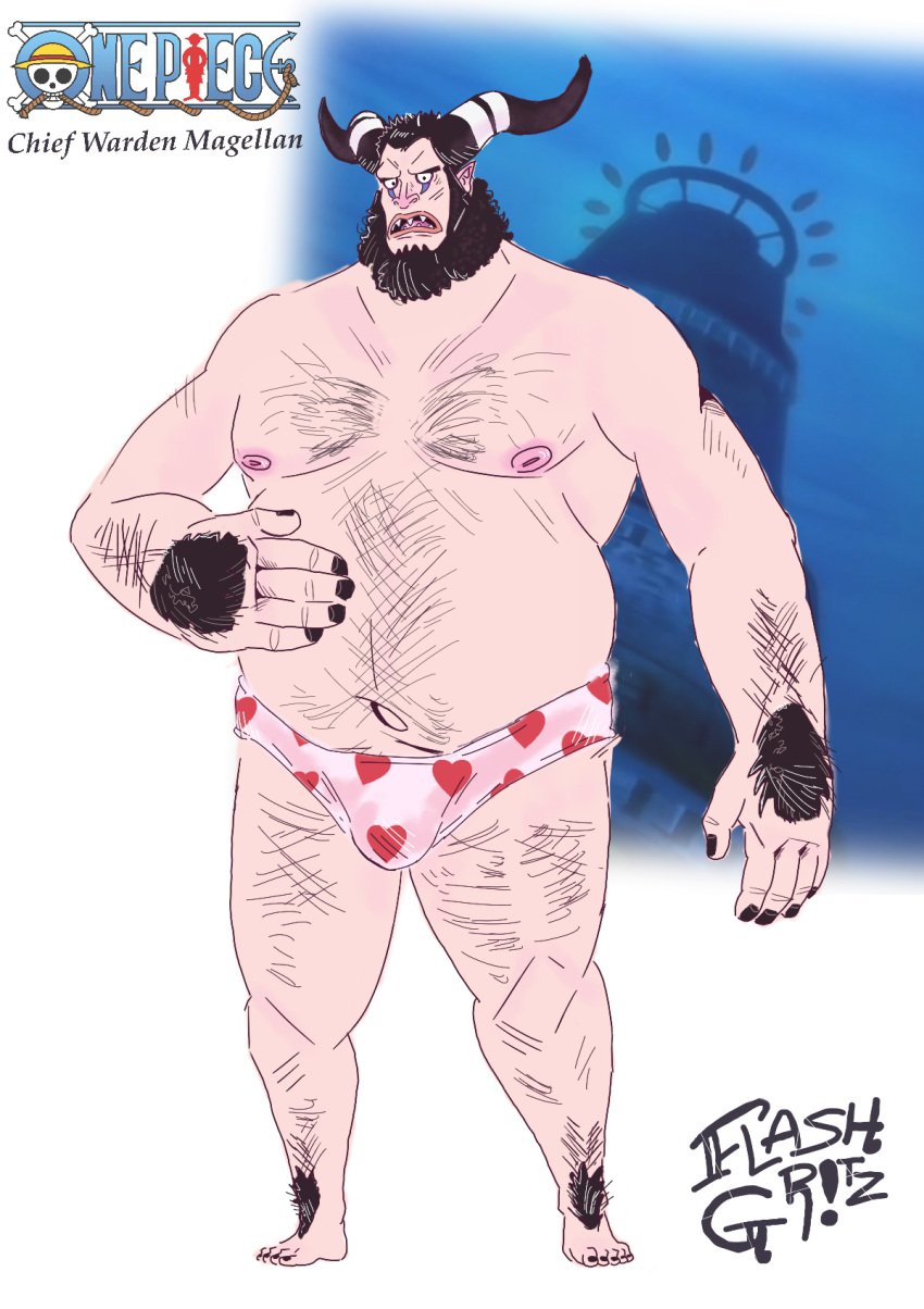 anime beast belly big_belly big_hands black_hair black_nails chief_warden_magellan chubby_belly chubby_male fat_man flashgritz full_body heart horns magellan male male_only monkey nipples one_piece pointy_ears prison_bitch prison_guard_position prison_warden sharp_teeth taller_male underwear