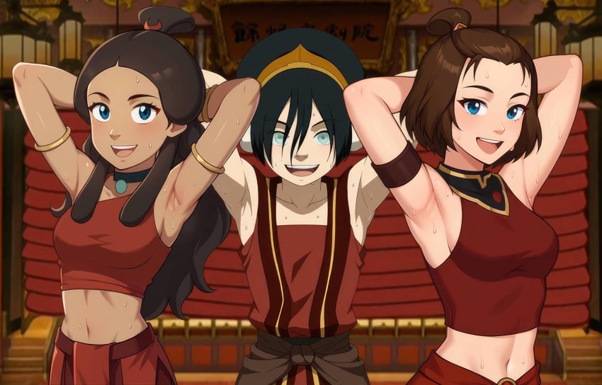 3girls ai_generated armpit avatar_legends avatar_the_last_airbender blind blue_eyes brown_hair dark-skinned_female earth_kingdom female female_focus female_only fire_nation_clothing hair_ornament katara nickelodeon suki toph_bei_fong water_tribe