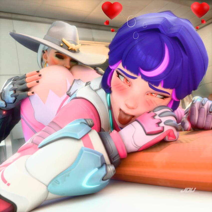 ahe_gao ashe_(overwatch) ass horny_female jdv juno_(overwatch) kissing_ass ripped_bodysuit yuri