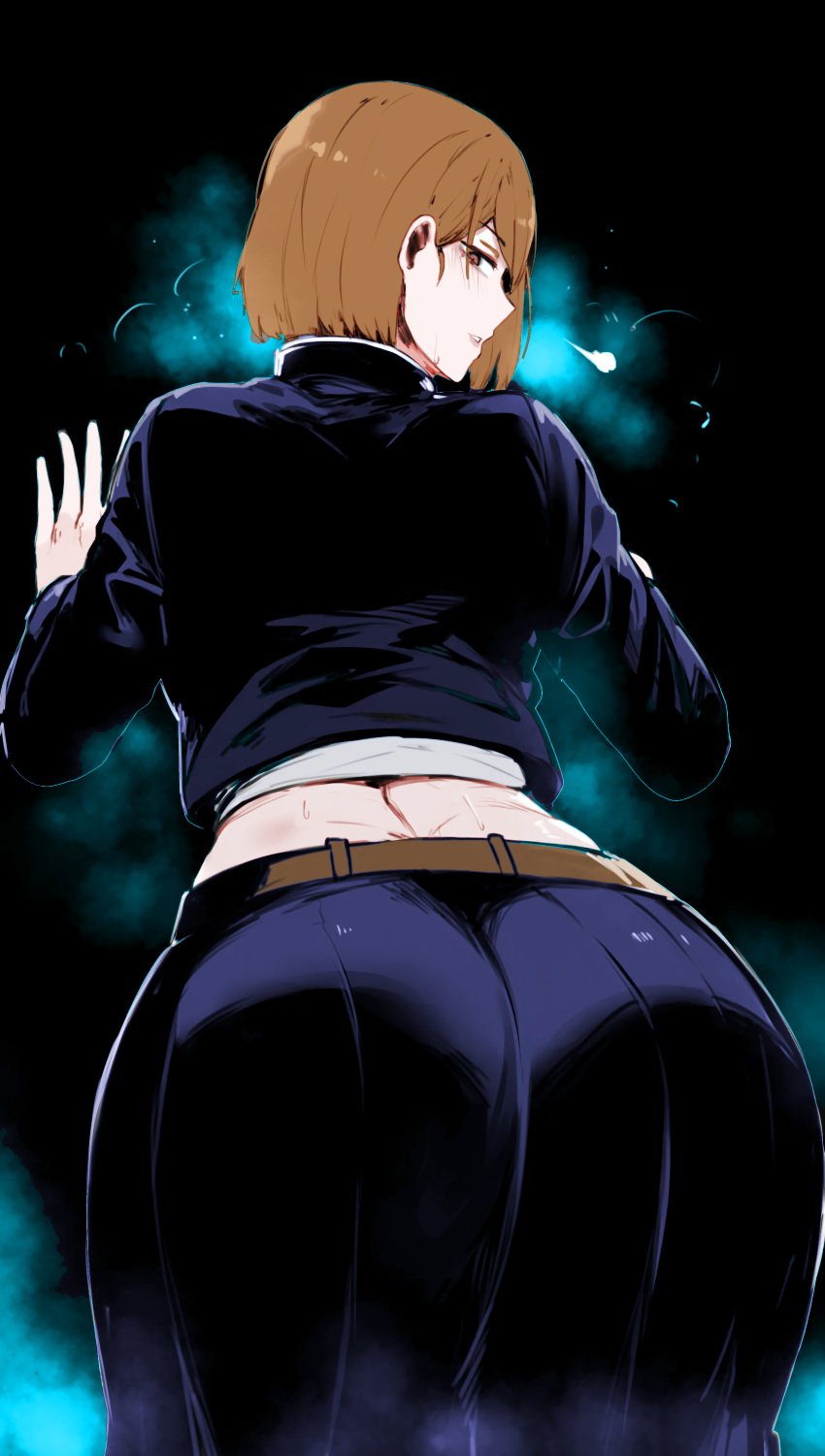 1girls 2d 2d_(artwork) ass ass_focus big_ass blue_jacket blue_skirt booty brown_eyes brown_hair clothed color energy fat_ass female female_only jujutsu_kaisen kugisaki_nobara looking_back masoq095 sighing sketchcolor tagme