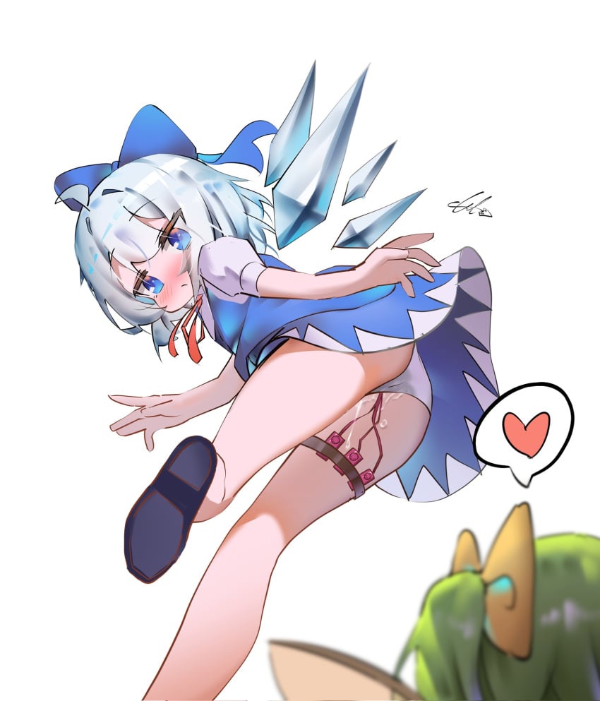 2girls blue_dress blue_eyes blue_hair blurry blurry_foreground blush cirno daiyousei detached_wings dress egg_vibrator english_commentary heart highres ice ice_wings multiple_girls panties pussy_juice sex_toy simple_background solo_focus speech_bubble spoken_heart touhou underwear vibrator white_background white_panties wings ycl_090