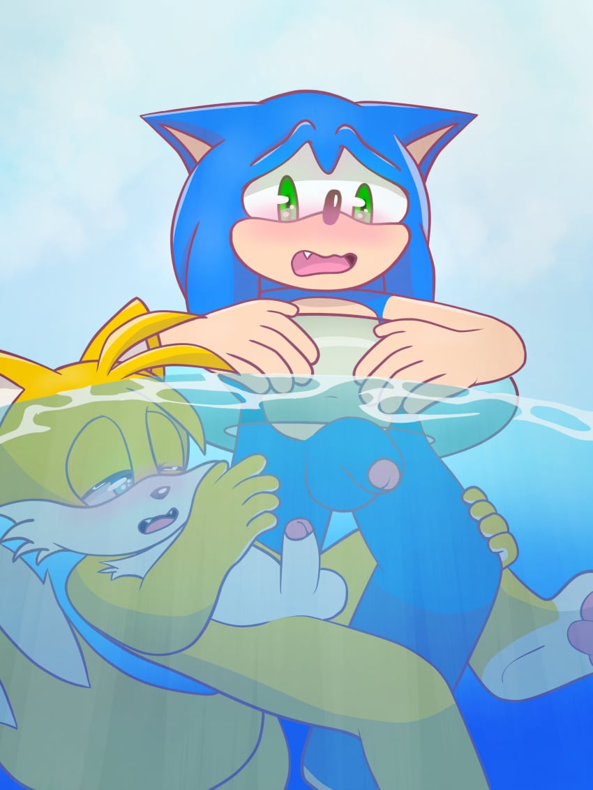 anthro anthro_on_anthro big_penis blue_fur boy chionki fox fur furry furry_male gay golden_fur hedgehog humanoid_penis male male_only miles_tails_prower mobian pawpads paws penis small_penis sonic_(series) sonic_the_hedgehog sonic_the_hedgehog_(series) summer swim_ring swimming tails tails tails_the_fox two_tails uncircumcised yaoi