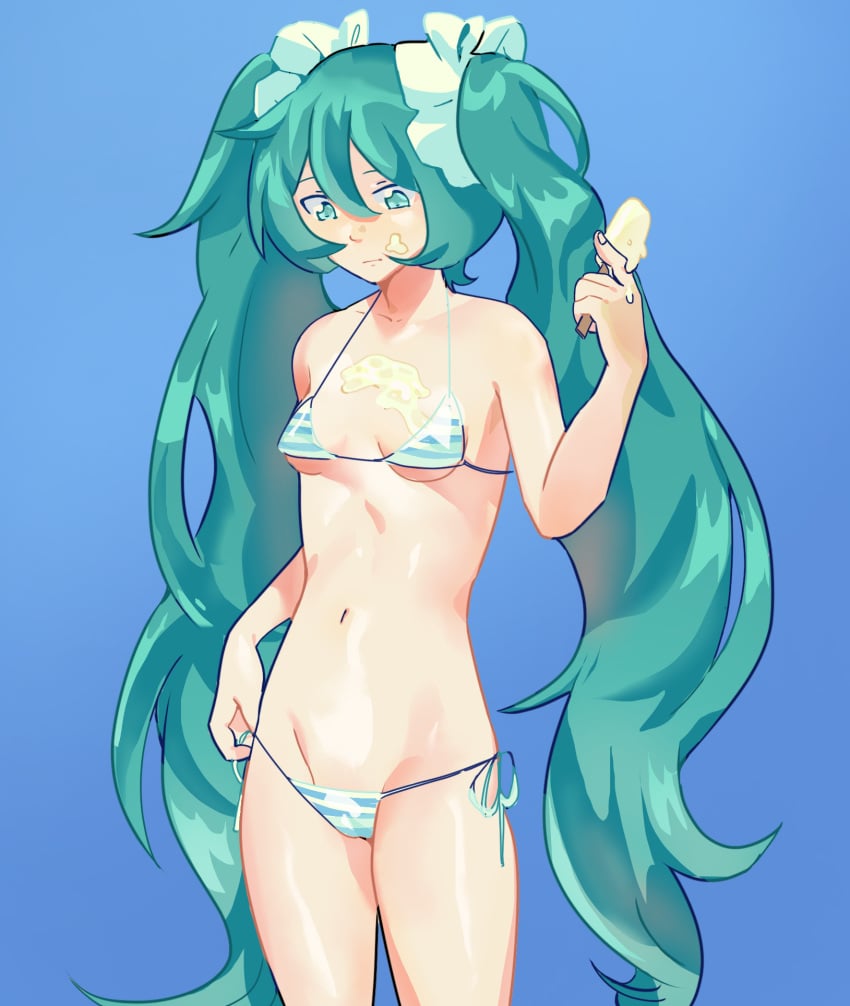 blue_bikini blue_eyes blue_hair hatsune_miku hip_bones liquid_on_breast micro_bikin oiled_skin petite_breasts skinny small_breasts small_waist smaller_female striped_bikini tan_body twintails twintails_(hairstyle)