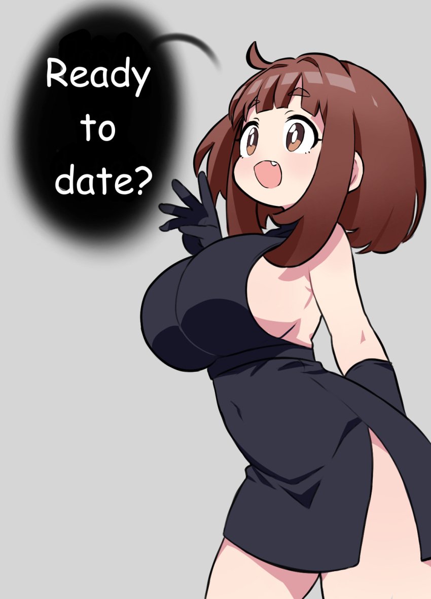 1girls black_dress black_gloves boku_no_hero_academia brown_eyes brown_hair child_bearing_hips cute dress female girly gloves hips huge_breasts large_breasts latex latex_gloves short_hair smile telefka thick_thighs thighs uraraka_ochako white_skin wide_hips