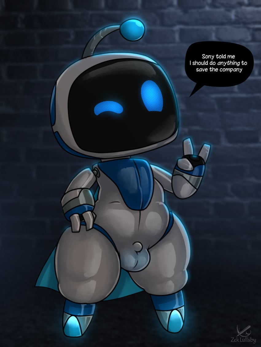 astro_bot astro_bot_(series) balls big_balls big_balls_small_penis big_head blue_eyes cape casual clothing dialogue digital_media_(artwork) disproportionate_genitalia genitals glistening glistening_body hi_res humanoid humanoid_genitalia looking_at_viewer machine male nipples non-human non-human_only not_furry penis playstation robot robot_humanoid screen screen_face small_body small_penis solo sony_corporation sony_interactive_entertainment standing text thick_thighs toony white_body zeklullaby