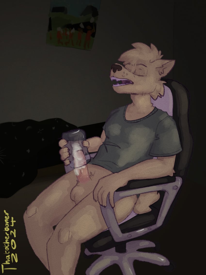 absurd_res anthro arm_tuft average_penis balls bedding blanket bodily_fluids bottomless brown_nose canid canine canis chair cheek_tuft closed_eyes clothed clothing crotch_tuft cum cum_drip cum_in_sex_toy cum_inside cum_on_penis domestic_dog dripping elbow_tuft erection facial_tuft fur furniture gaming_chair genital_fluids genitals green_clothing green_shirt green_topwear hi_res humanoid humanoid_genitalia humanoid_penis inner_ear_fluff inside lube male male_focus male_only mammal masturbation nails open_mouth orgasm orgasm_face penetrable_sex_toy penetration penis pink_penis pivoted_ears poster prick_ears realistic_penis_size sex_toy sharp_nails sharp_teeth shirt sitting solo swivel_chair teeth thatotherboner topwear transparent_sex_toy tuft white_wall yellow_body yellow_fur