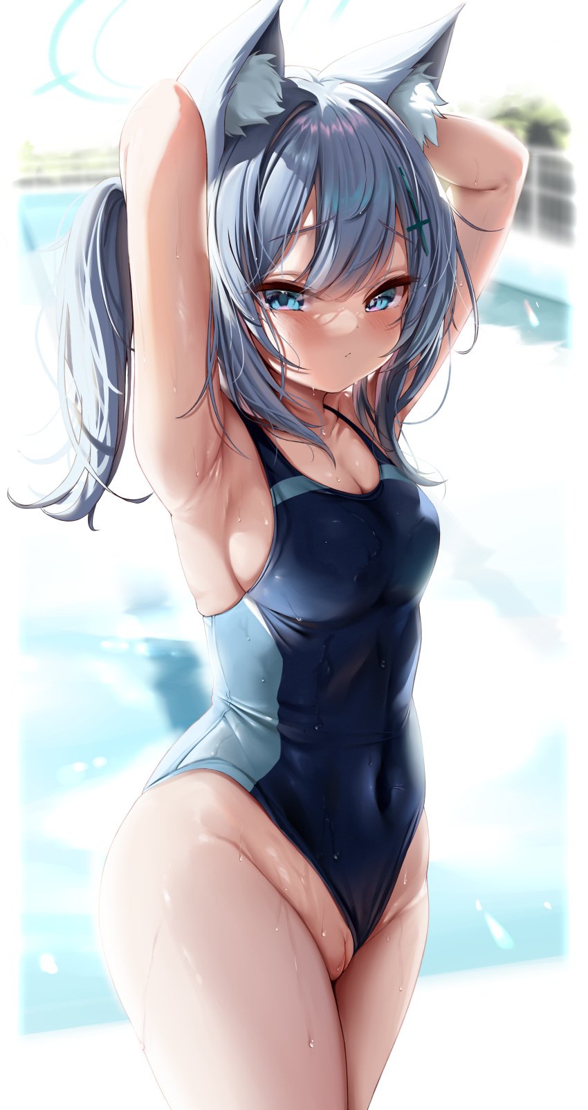 1female 1girls absurd_res absurdres armpits arms_behind_head blue_archive blue_eyes blue_swimsuit cat_ears exposed_pussy female halo hi_res highres kokuto_(kurousagi1210) large_breasts partially_clothed pussy shaved_pussy shiroko_(blue_archive) shiroko_(swimsuit)_(blue_archive) sideboob swimsuit thick_thighs white_hair