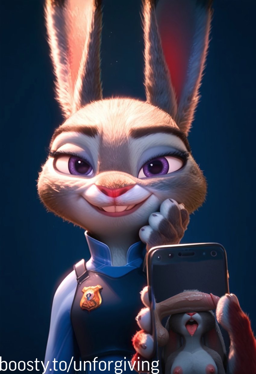 after_fellatio ai_generated anthro breasts covered_eyes fur furry furry_female judy_hopps large_penis large_testicles nipples open_mouth penis penis_awe penis_on_face penis_over_eyes phone phone_screen phone_sex photo_comparison saliva saliva_drip saliva_string saliva_trail testicles tongue tongue_out unforgiving veiny veiny_penis veiny_testicles zootopia