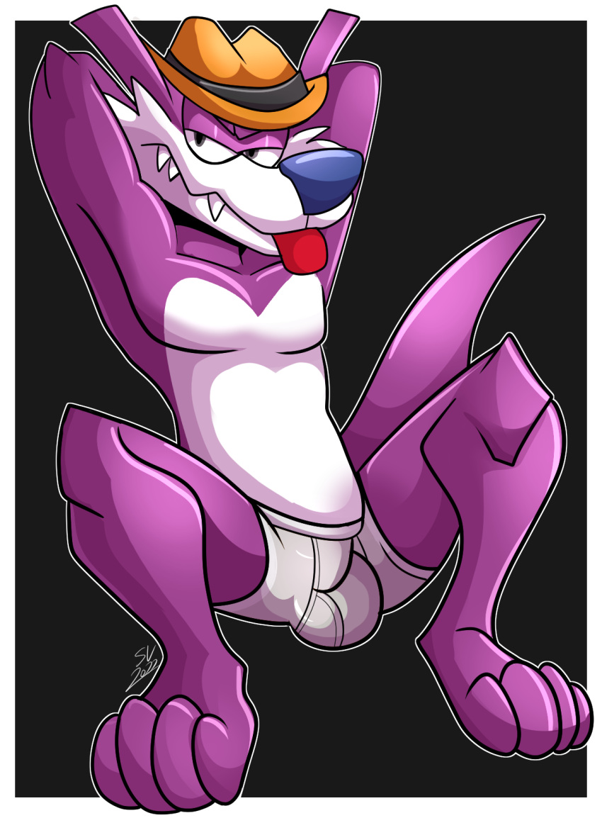 anthro big_feet briefs bulge clothing dipodid fang_the_hunter fatalsyndrome feet fur grumpy half-closed_eyes hands_behind_back hat headgear headwear hi_res jerboa male male_only mammal narrowed_eyes purple_body purple_fur rodent sega sharp_teeth solo sonic_(series) sonic_the_hedgehog_(series) teeth tongue tongue_out underwear white_body white_fur