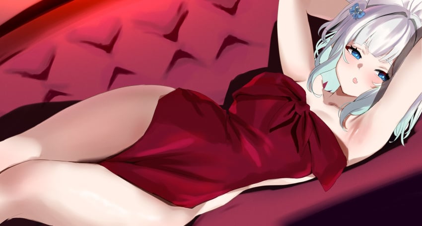 armpits arms_up blue_eyes clothes_in_front couch covering_privates dress female gradient_hair green_hair hair_ornament highres indie_virtual_youtuber looking_at_viewer mint_fantome multicolored_hair nude_cover oerba_yun_fang on_couch open_mouth red_dress red_eyes redi_(rasec_asdjh) short_hair skin_fang solo virtual_youtuber white_hair