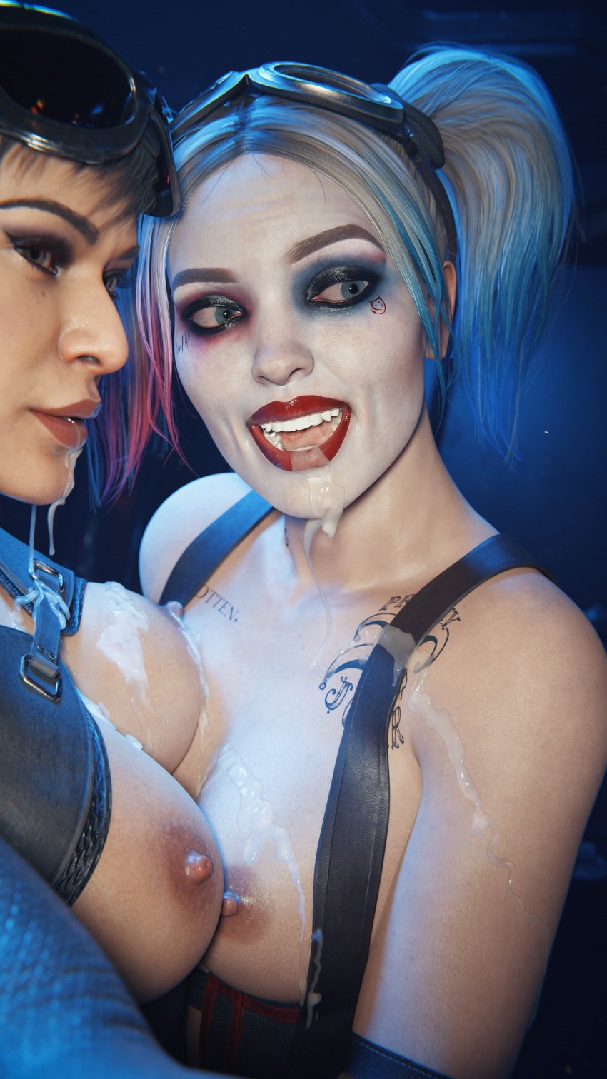 2girls 3d batman_(series) catwoman catwoman_(injustice) cum cum_ cum_on_body cum_on_breasts cum_on_face cum_on_lips dc dc_comics dripping dripping_cum female female_focus female_only harleen_quinzel harley_quinn harley_quinn_(injustice) injustice_2 nude public public_exposure public_nudity public_use rescraft selina_kyle smile smiling street waist_grab yuri