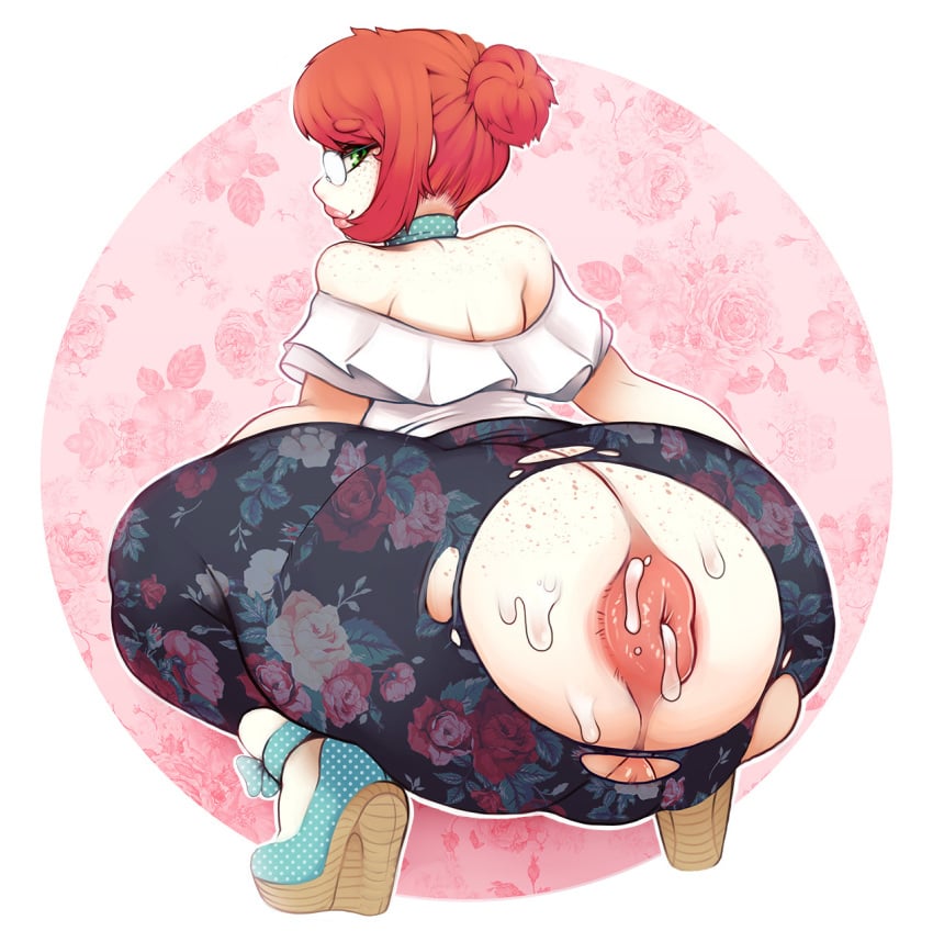 anus ass big_ass clothing cum cum_in_ass cum_inside cum_on_ass female looking_back presenting presenting_anus puffy_anus red_anus red_hair squatting swollen_anus toppingtart_(artist) torn_clothes