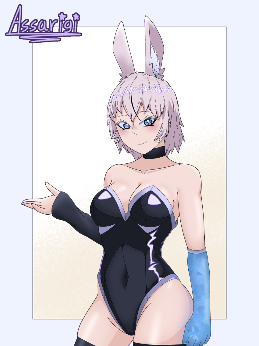 arm_warmers arms_behind_back armwear assarigi blue_eyes bunny_ears bunny_girl bunnysuit elyra_(assarigi) latex mechanical_arm oc original original_character pointy_chin purple_eyes white_body white_hair white_skin