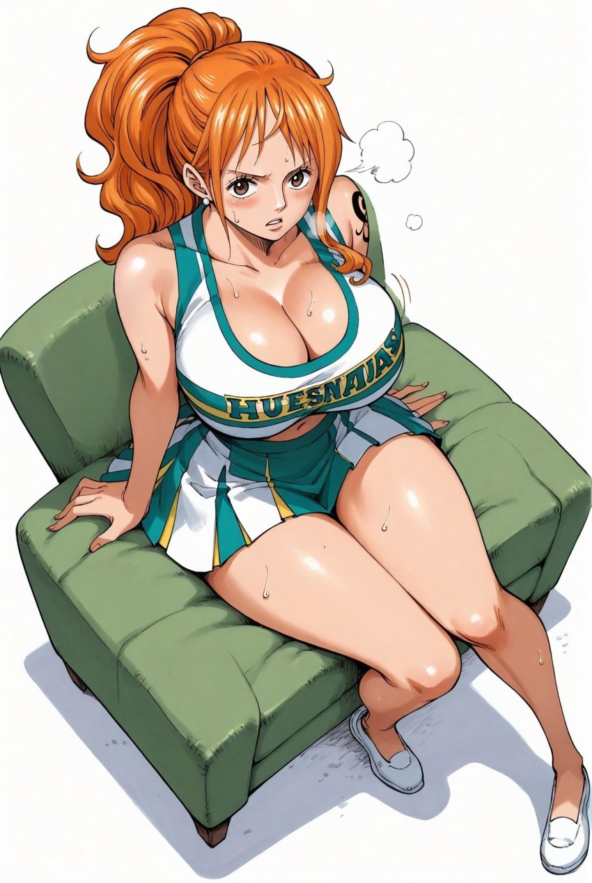 ai_generated alluring almost_naked almost_nude big_breasts blush breasts brown_eyes cheerleader cheerleader_costume cheerleader_outfit cheerleader_uniform earring earrings female female_only looking_at_viewer nami nami_(one_piece) one_piece open_mouth orange_hair ponytail seducing seduction seductive seductive_body seductive_eyes seductive_gaze seductive_look seductive_mouth seductive_pose shiny_hair shiny_skin steamy_breath sweat sweatdrop sweating sweaty sweaty_body tattoo tattoo_on_arm tattooed_arm voluptuous voluptuous_female yashin