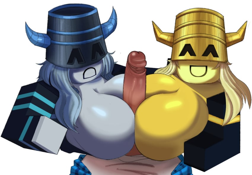 1boy 2girls big_breasts bucket_hat double_paizuri double_titfuck erection female male paizuri paizuri_pov roblox robloxian vvvvvooooooo