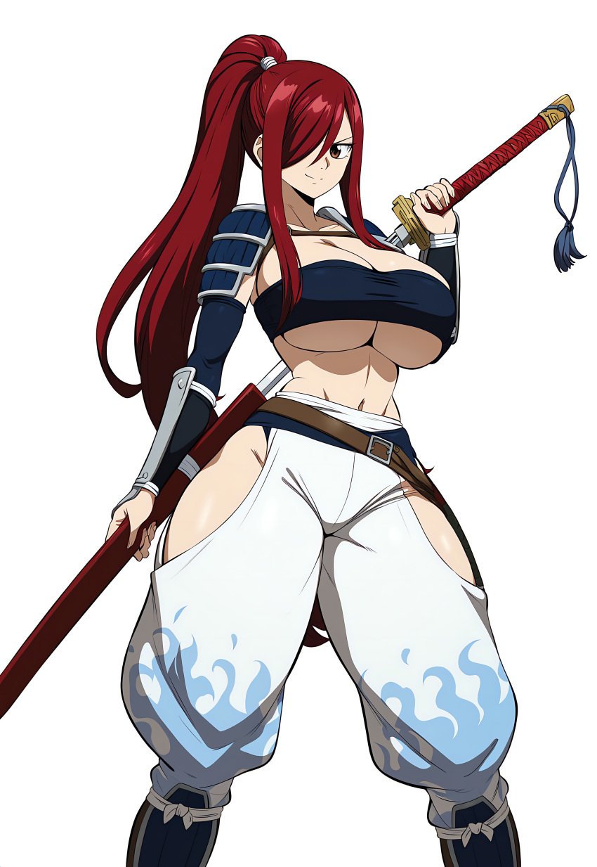 1girls ai_generated armor big_breasts breasts brown_eyes clothed clothed_female clothing erza_scarlet fairy_tail female female_only front_view holding holding_object huge_breasts light-skinned_female light_skin looking_at_viewer novelai one_eye_covered pale-skinned_female pale_skin ponytail red_hair simple_background smile solo solo_female standing sword white_background white_skin