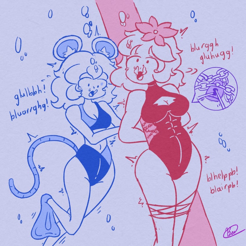 2girls air_bubbles asphyxiation cleavage_cutout drowning highleg_one-piece_swimsuit medium_breasts motion_lines mouse_ears mouse_girl mouse_tail one-piece_swimsuit open_mouth original small_breasts soaked_lemon tagme tied_up trapped twitching underwater