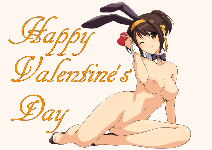 ;) animal_ears arm_support bare_shoulders black_bow bow box breasts brown_eyes brown_hair bunny_ears bunny_girl closed_mouth detached_collar eyebrows_visible_through_hair female full_body functionally_nude hair_ribbon happy_valentine haruhisky head_tilt heart-shaped_box highres holding holding_box looking_at_viewer medium_breasts nude one_eye_closed ponytail reclining ribbon shiny shiny_skin simple_background smile solo suzumiya_haruhi suzumiya_haruhi_no_yuuutsu wrist_cuffs yellow_background yellow_hairband yellow_ribbon