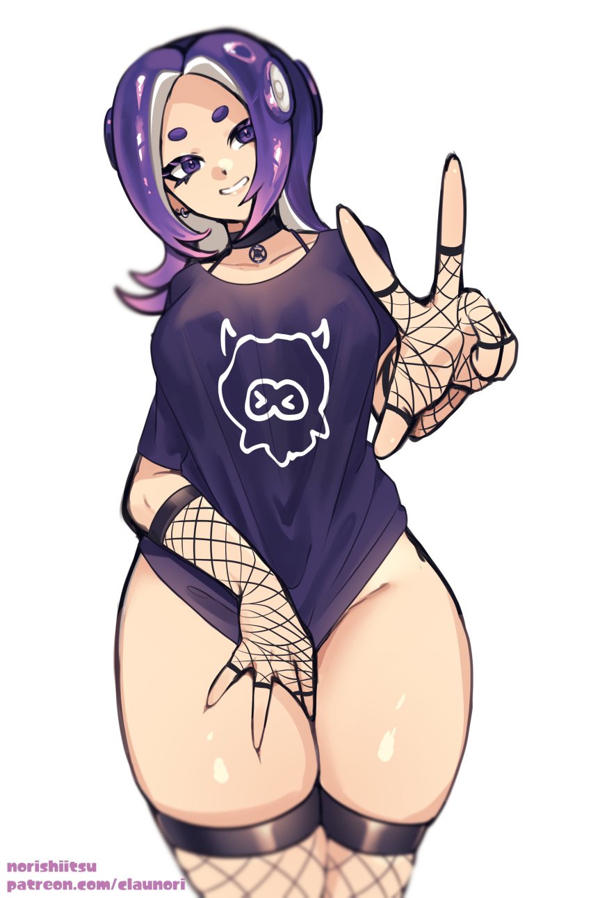 1girls choker covering_crotch ear_piercing eyeliner fingerless_gloves fishnet_gloves fishnet_legwear fishnets gloves goth hand_on_thigh light-skinned_female no_panties norishiitsu octoling octoling_girl octoling_player_character oversized_shirt peace_sign purple_hair shiny_skin short_hair shoulder_length_hair smiling solo solo_female splatoon splatoon_oc tentacle_hair thick_thighs thigh_grab thighhighs thighs v_sign