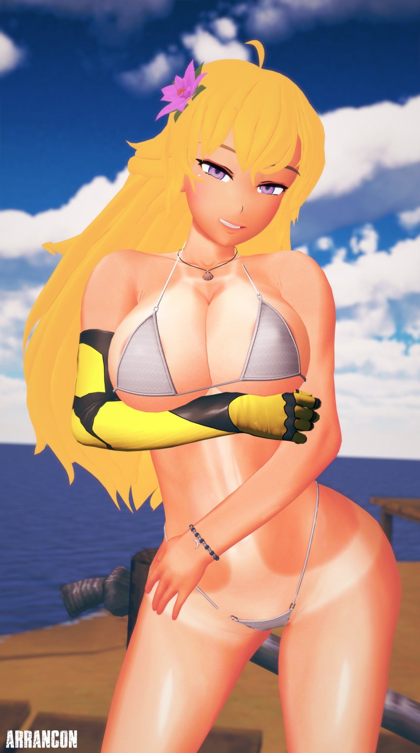 1girls arrancon bikini bikini_bottom bikini_top blonde_female blonde_hair flower_in_hair long_hair long_hair_female purple_eyes robotic_arm rwby solo_female tan_body tan_skin tanline yang_xiao_long