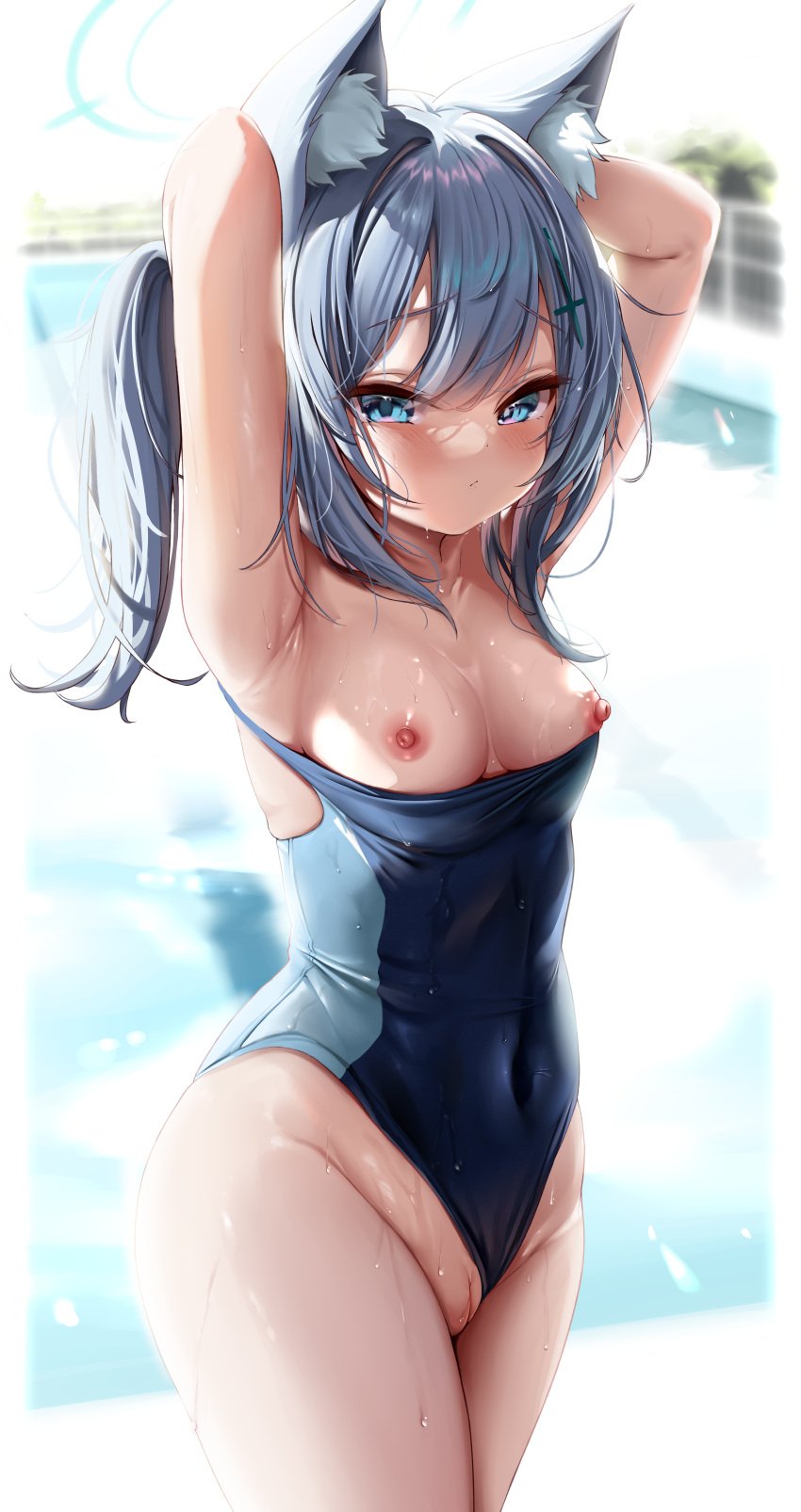 1female 1girls absurd_res absurdres areolae armpits arms_behind_head blue_archive blue_eyes blue_swimsuit blush blushing breasts_out cat_ears exposed_breasts exposed_pussy female halo hi_res highres kokuto_(kurousagi1210) large_breasts nipples partially_clothed pussy shaved_pussy shiroko_(blue_archive) shiroko_(swimsuit)_(blue_archive) sideboob swimsuit thick_thighs white_hair