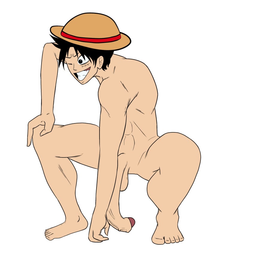 big_penis casual casual_nudity hat hat_only male male_only massive_penis monkey_d_luffy my_anjel naked one_eye_closed one_piece penis_on_floor pirate