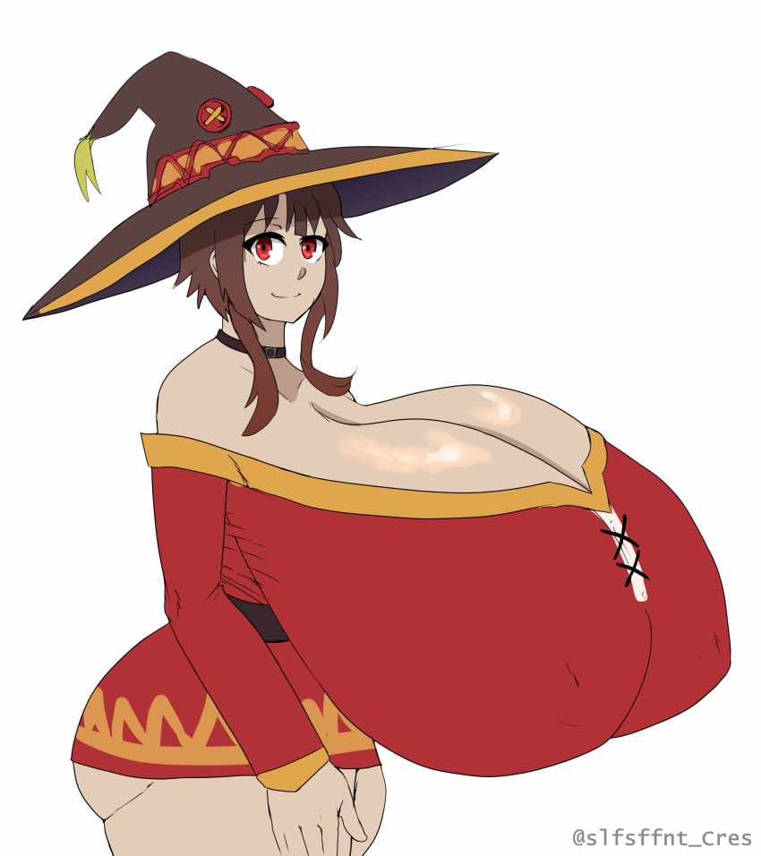 alternate_ass_size alternate_body_type alternate_breast_size ass big_ass big_breasts breasts breasts_bigger_than_head breasts_bigger_than_torso brown_hair choker cleavage crescent_(artist) erect_nipples erect_nipples_under_clothes gigantic_breasts huge_ass huge_breasts hyper_breasts kono_subarashii_sekai_ni_shukufuku_wo! looking_at_viewer megumin nipple_bulge nipples red_eyes side_view top_heavy twitter_username underass witch_hat